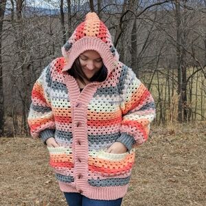 Handmade Colorful Crochet Hooded Cardigan